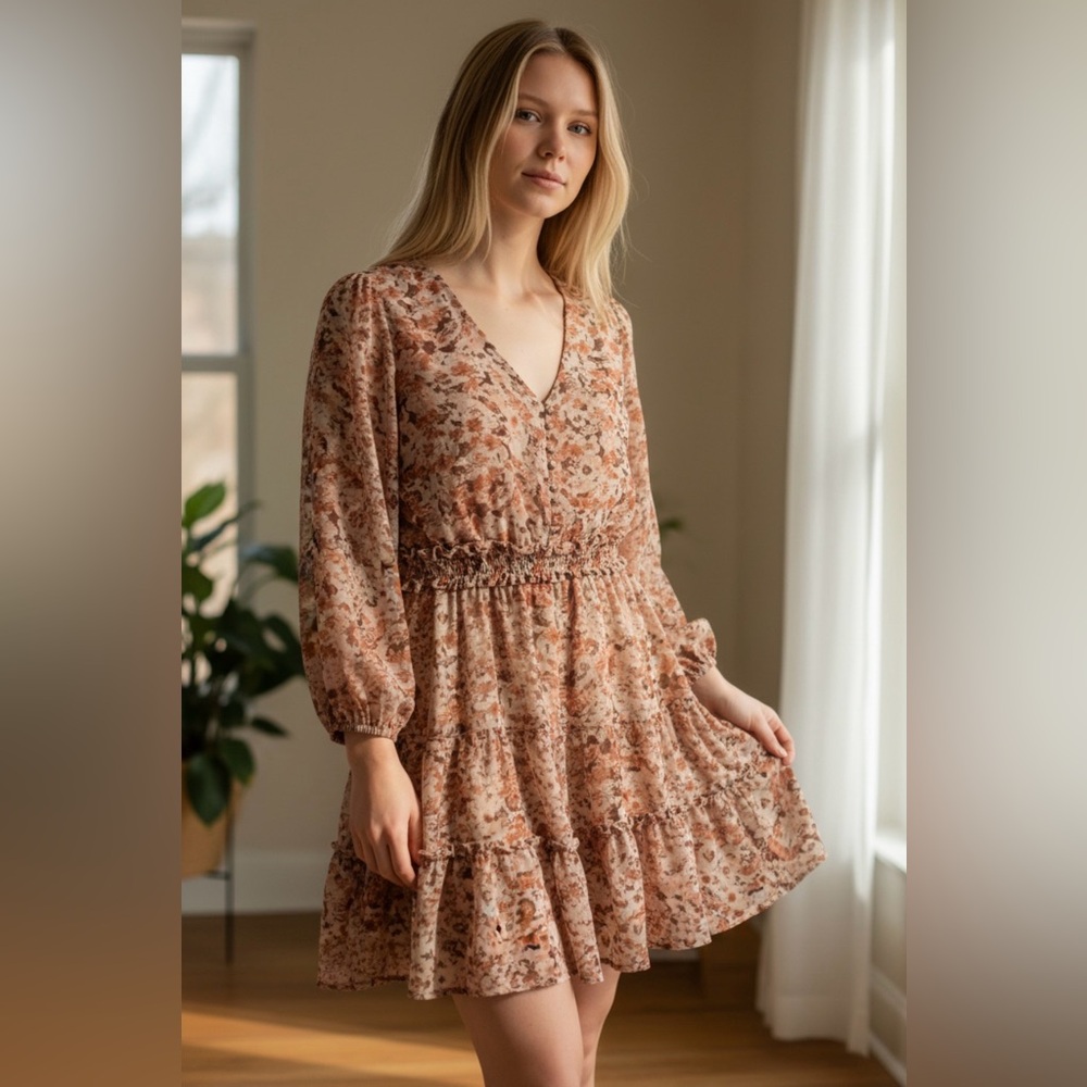 Hayden Los Angeles Boho Smocked Waist Floral V Neck Dress Size MED NWT